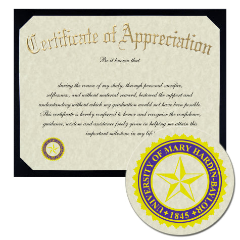University of Mary Hardin-Baylor Certificate of Appreciation