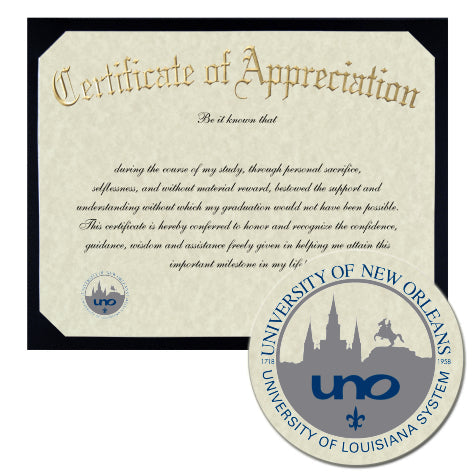 University of New Orleans Certificate of Appreciation