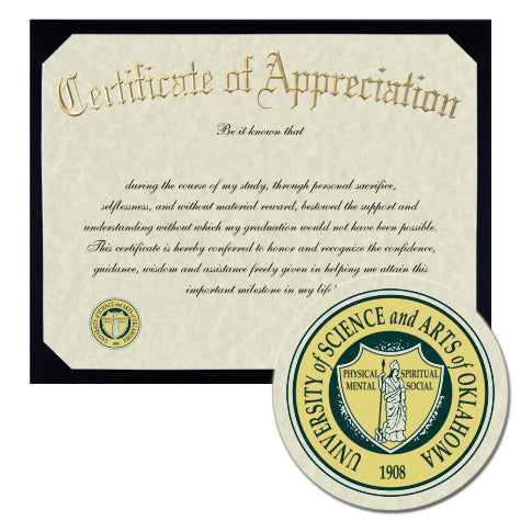 University of Science and Arts of Oklahoma Certificate of Appreciation
