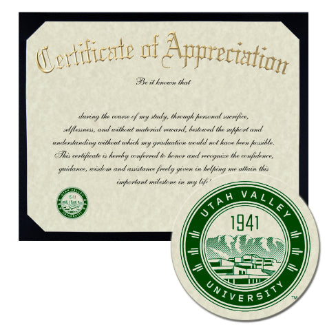 Utah Valley University Certificate of Appreciation