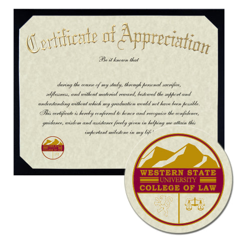Western State University College of Law Certificate of Appreciation